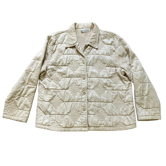 Essentials Quilted Chore Coat Jacket Neutral Beige Embroidered Cotton Plus Size - Picture 1 of 7